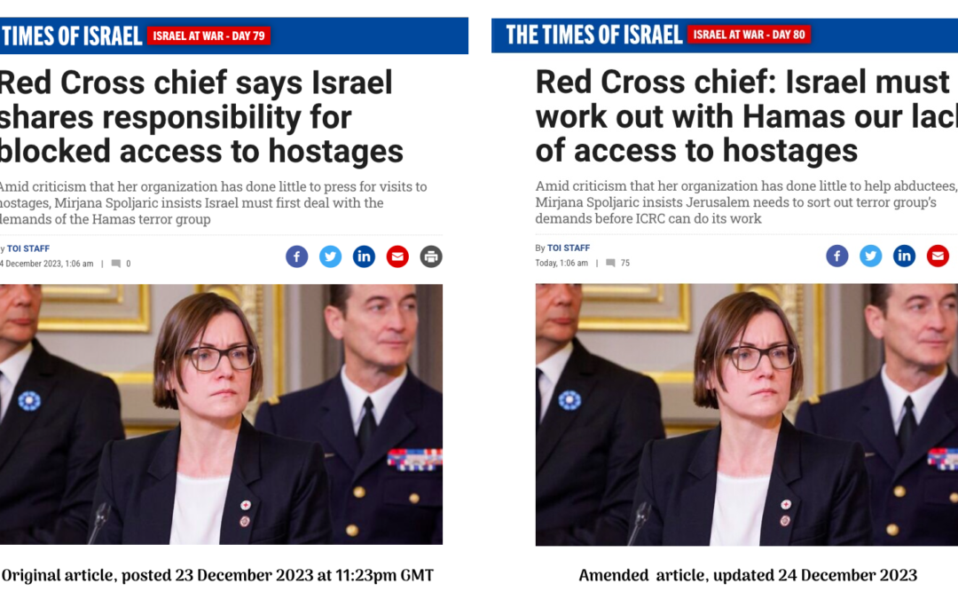 Times of Israel publishes false claim that Red Cross chief attributed lack of access to hostages to Israel not meeting ‘HAMAS demands’