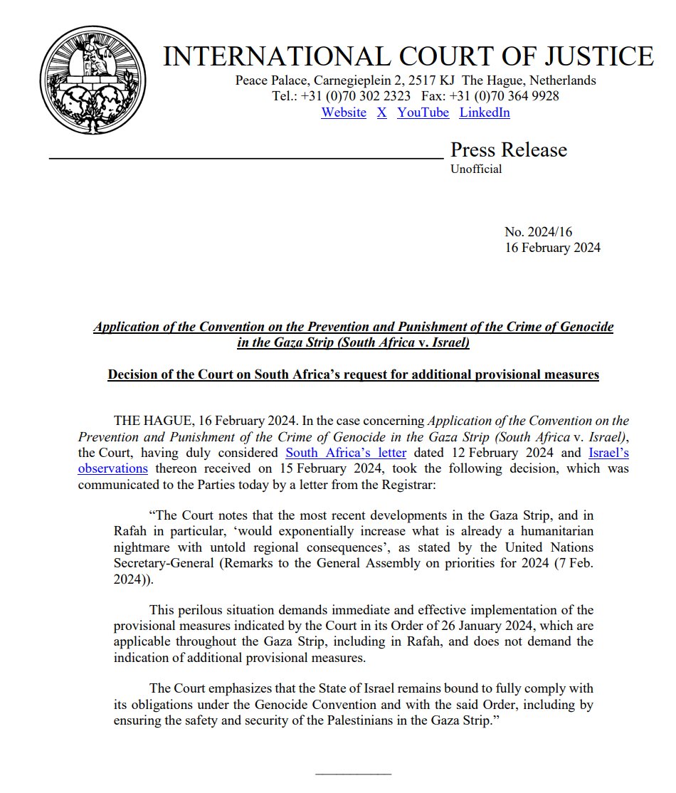 Decision of the ICJ on South Africa’s request for additional provisional measures (16 February 2024)