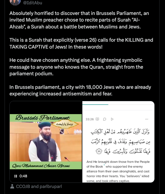 Jerusalem Post publishes fake news story claiming a Muslim Imam read Qu’ranic verse calling for the killing and capture of Jews in the Belgian Parliament