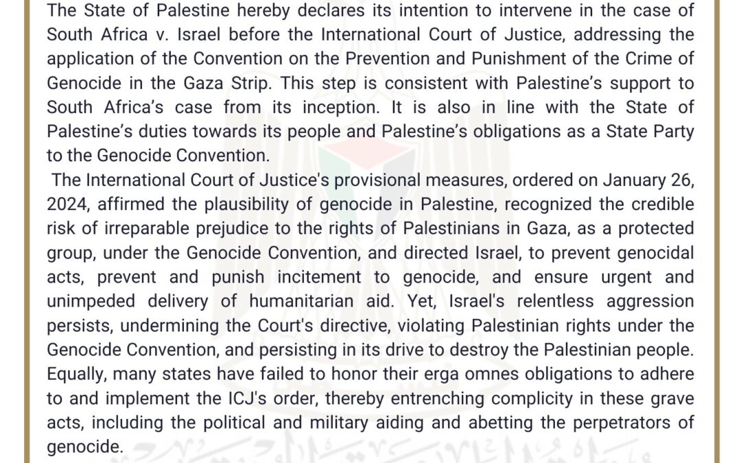 Palestine announces its intention to intervene in South Africa genocide case against Israel at the ICJ