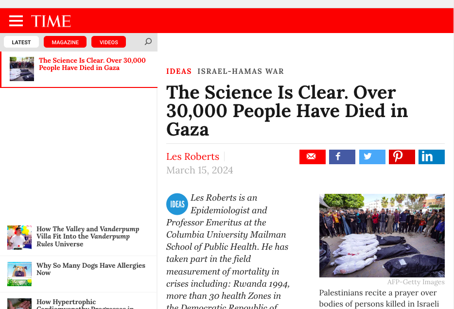 TIME magazine publishes Les Roberts: “The Science Is Clear. Over 30,000 People Have Died in Gaza”