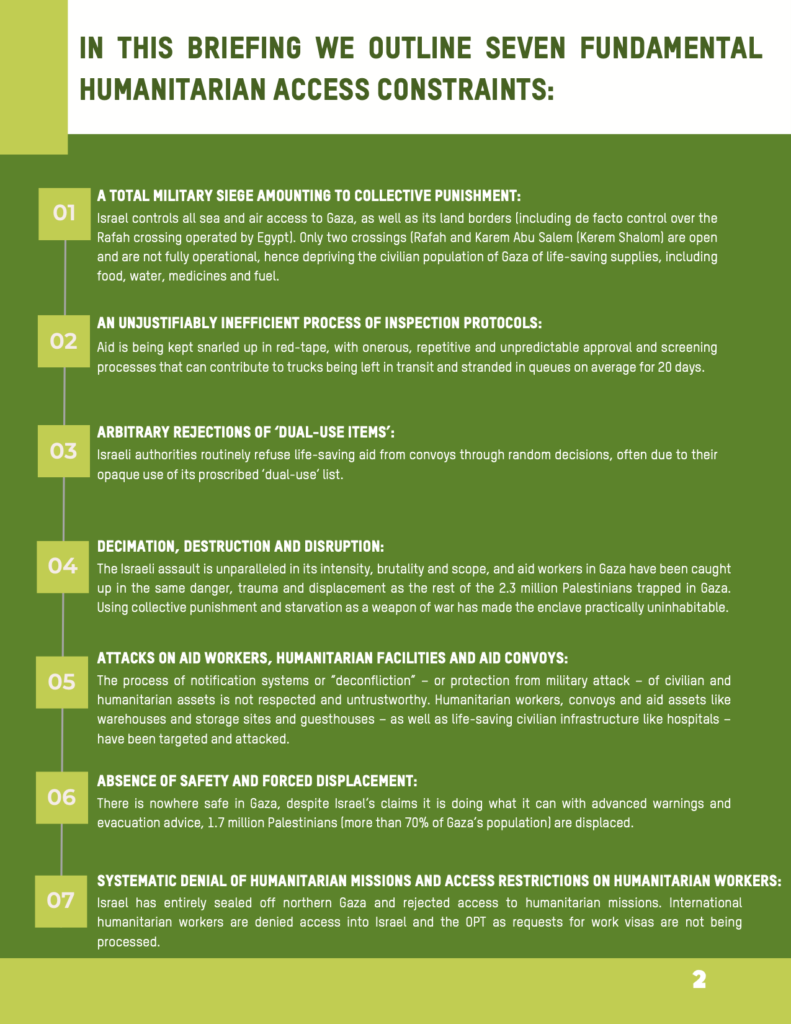 Page outlining the seven ways Israel is blocking aid.