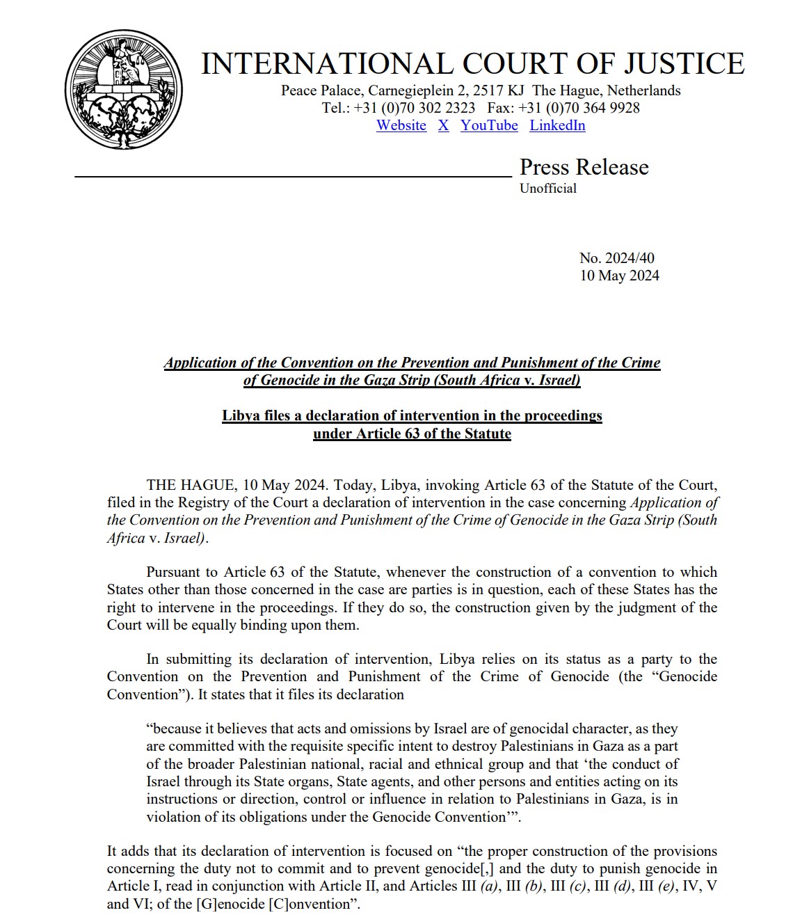 Libya files a declaration of intervention in South Africa’s genocide case against Israel