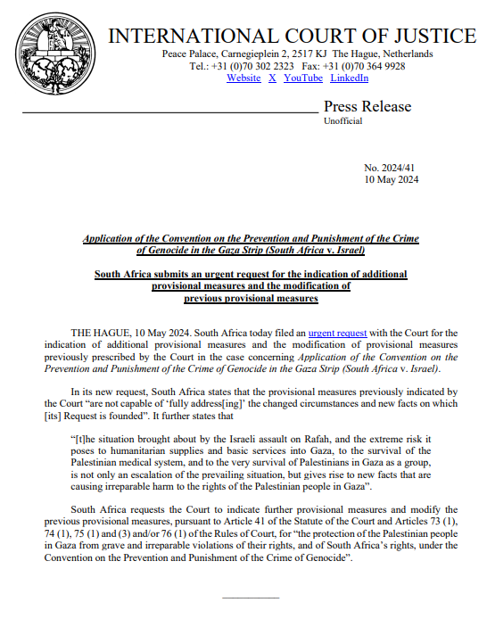 South Africa submits an urgent request for the indication of additional provisional measures in its ICJ genocide case